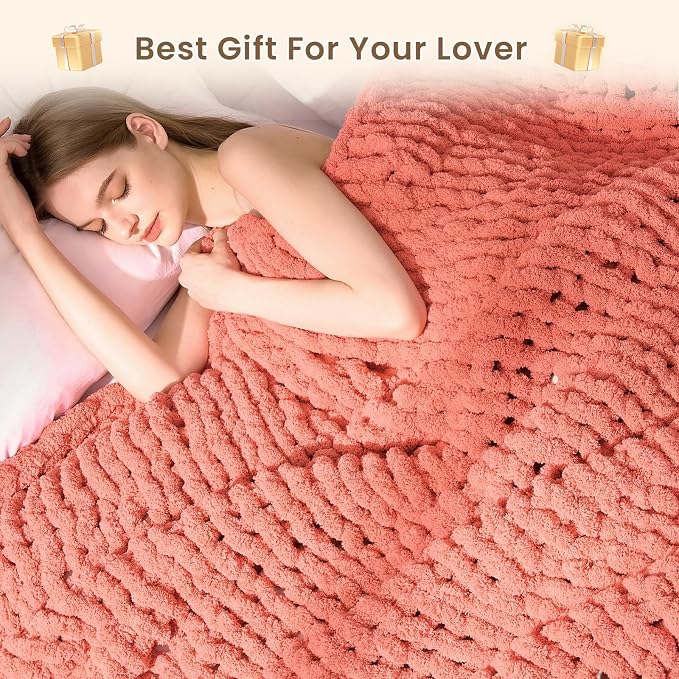 L'AGRATY Chunky Knit Throw Blanket for Couch, 60 x 80 Inches, Coral Pink | Handmade Chenille Crochet Blanket for Sofa Bed, Thick Cable Knitted Blankets for Room Home Decor, Birthday Gift for Women Mom