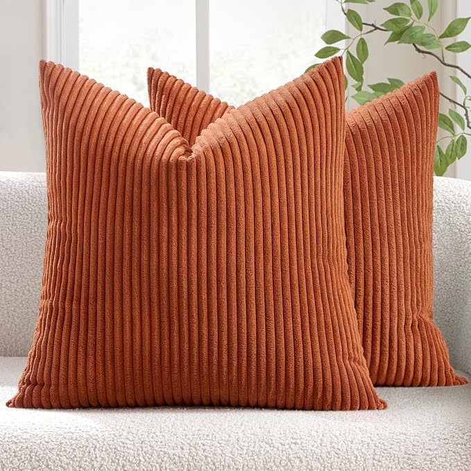 MIULEE Fall Decorative Corduroy Throw Pillow Covers Set of 2 16x16 Rust | Soft Striped Textured Cushion Cases, Boho Rustic Square Pillowcases for Home Decor, for Couch Chair Sofa Bed Living Room