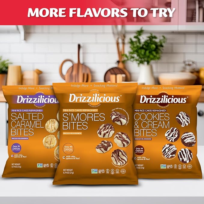 Drizzilicious Mini Flavored Rice Cakes Cinnamon Swirl - Rice Crisps, Healthy Snack for Adults and Kids, Vegan, Gluten Free Snack, Allergen Free, Only 90 Calories Per Bag - 0.74 oz (Pack of 10)