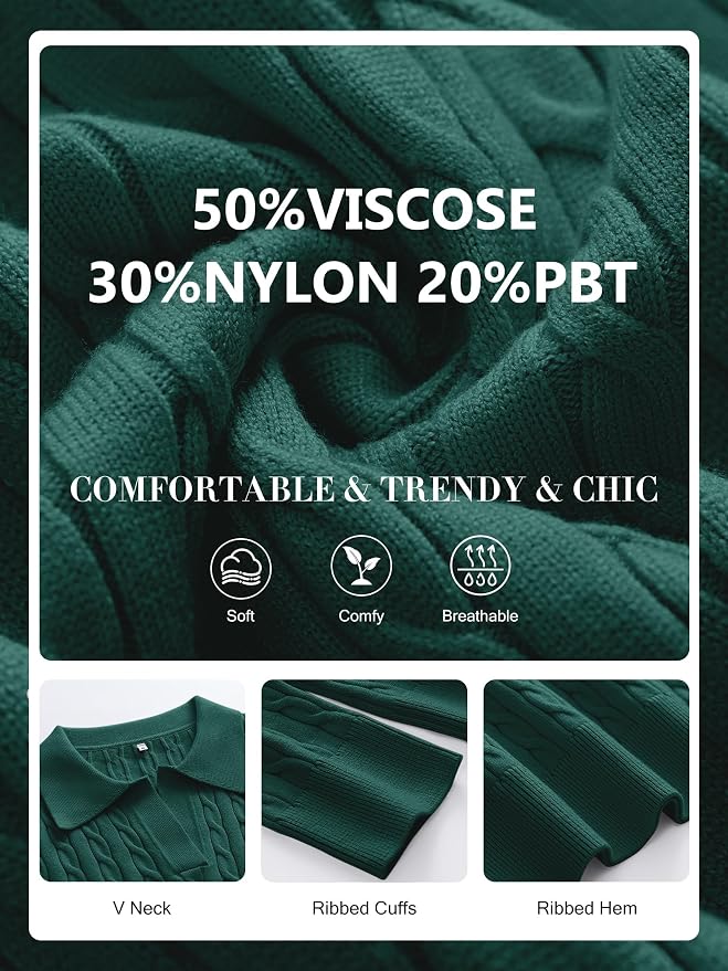 ANRABESS Womens Cable Knit Sweaters Long Sleeve V Neck | Pullover Collared Sweater Tops, Polo Knit Shirts, Business Casual Work, Tennis Golf, Fall Winter Fashion Outfits