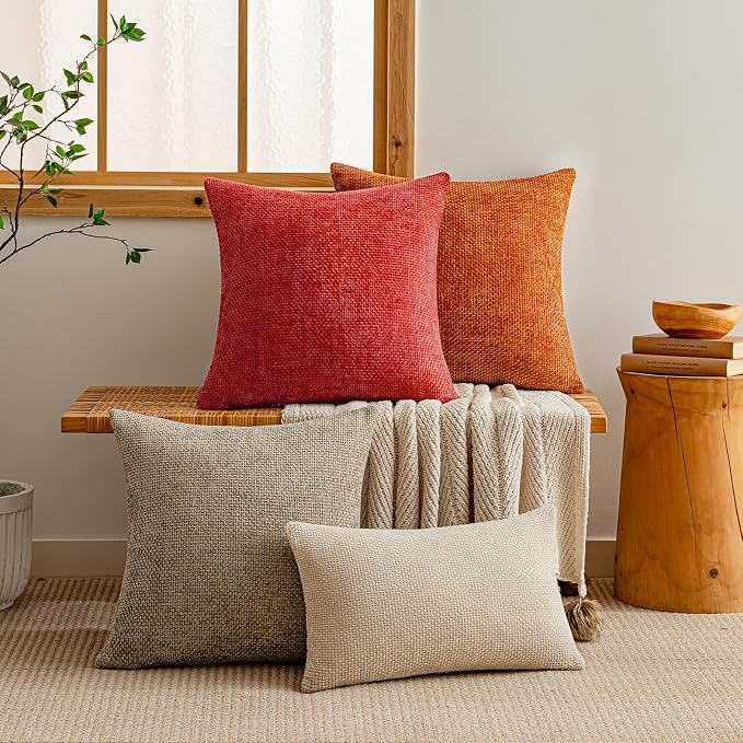 a moment Red Chenille Throw Pillow Covers 18x18 Inch Pack of 2 Modern Decorative Throw Pillow Covers Farmhouse Cross Covers Home Decor for Sofa Bedroom Living Room