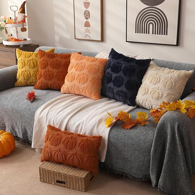 DFXSZ Fall Pillow Covers 20x20 2Pcs Light Orange Pumpkin Fall Decorations | Fall decor Set of 2 Throw Pillow Cases Soft Plush Faux Fur Wool Couch Cushion for Chair Sofa Bedroom Living Room Home Decor