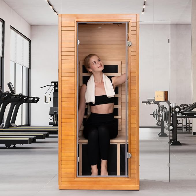 Full Spectrum Infrared Sauna, 1 Person Home Infrared Sauna with Red Light Therapy, Indoor Canadian Hemlock Wood Dry Saunas Room,1178w/120v, Foot Warmer, 7 Heating Panels, Bluetooth Speakers