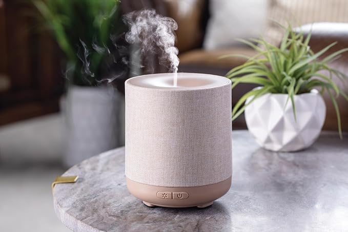 Airome Ceramic Essential Oil Diffuser|100 mL Humidifying Ultrasonic Aromatherapy Diffuser 8 Colorful LED Lights, Intermittent & Continual Mist, Auto Shut-Off, Natural Linen