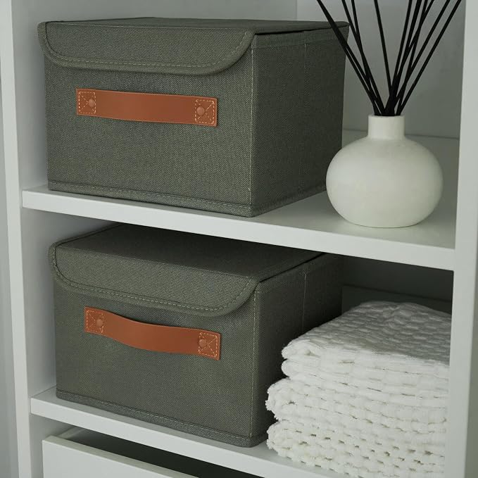 Decorative Linen Storage Boxes with Lids - Spacious Set of 2 Organizer Bins | The Perfect Small Container for Home Decor - Safely Store Photos, Documents and Memory Box Keepsakes in Style