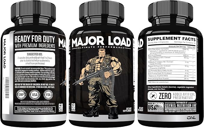 ONL Major Load Testosterone Booster for Men - Semen Volume Booster - Libido Booster for Men with Horny Goat Weed, Maca Root, Tongkat Ali - Energy, Stamina & Strength - 60 Caps, Non-GMO, Made in USA
