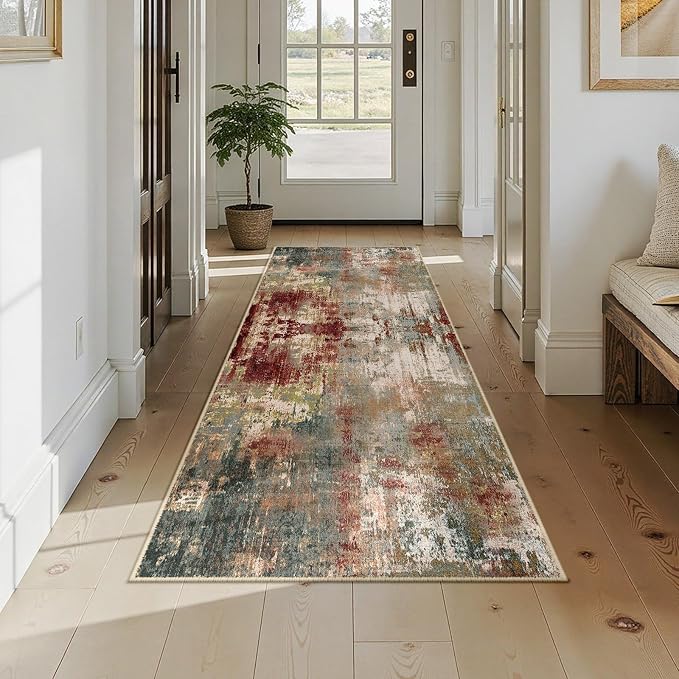 RELEANY Washable Runner 2'6"x8' Abstract Area Rug for Hallway Rustic Brown | carpet for kitchen, entryway, bathroom, living room, bedroom, printed pattern, non-slip, soft, stain-resistant, easy to clean