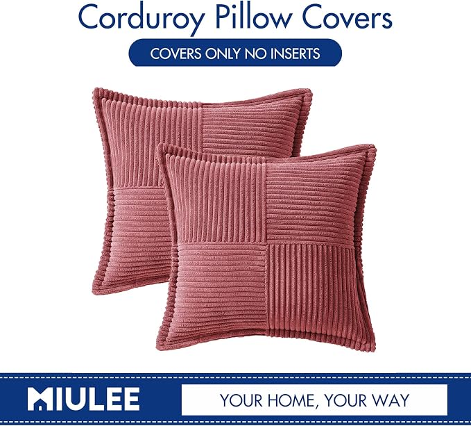 MIULEE Decorative Throw Pillow Covers for Couch 20x20 Inch Cranberry Red | Boho Broadside Striped Patchwork Pillow Covers, Soft Corduroy Cushion Cases, For Sofa Bed Livingroom Home Decor