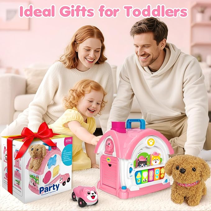 Montessori Toys for 1 2 3 Year Old Girl Gifts, Baby Musical Toys 12-18 Months, 10 in 1 Bilingual Learning Toy with Sound Light, Pretend Toy with Plush Puppy, First Birthday for Toddlers