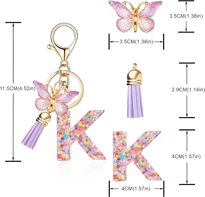 Fashion Alphabet Initial Letter Keychain Tassel Butterfly Pendant Key Ring for Purse Handbags Women Girl