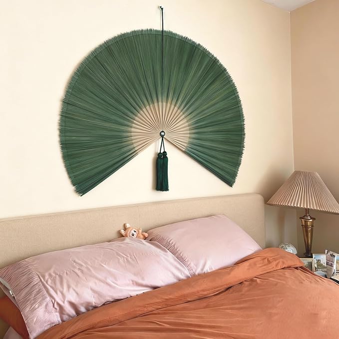 ChumDecor Bamboo Fan Wall Decor,Japanese Chinese Wall Fans,Large Bamboo Fan Wall Art for Boho Hanging Headboard, Decorative Folding Fans (Dark Moss Green 60inch)