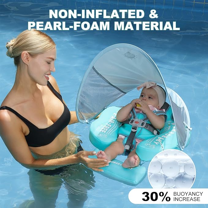 Baby Floats for Pool with Canopy Removable Sun Protection Canopy Mambobaby Float Non Inflatable Upgrade Add Tail Avoid Flip Waterproof Skin-Friendly Infant Swim Float 3-24 Months