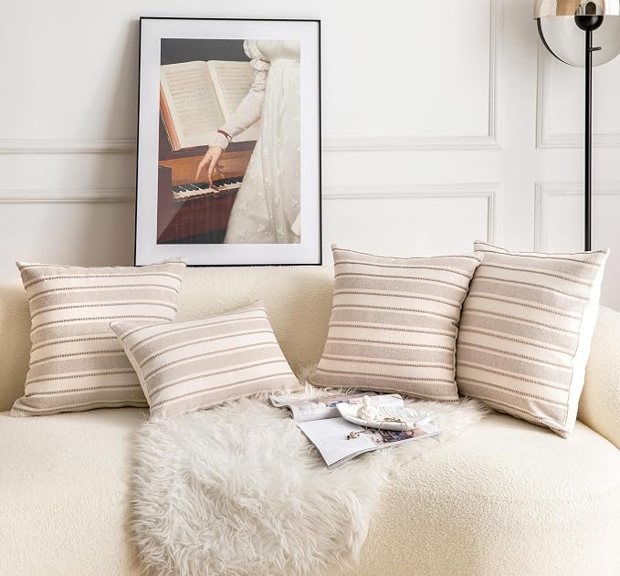 Cethom Decorative Boho Throw Pillow Covers, Farmhouse Textured Pillow Case, 18 x 18 Inch Set of 2, Chair Sofa Bedroom Living Room Home Decor Couch Cushion Case, Taupe and Beige Striped
