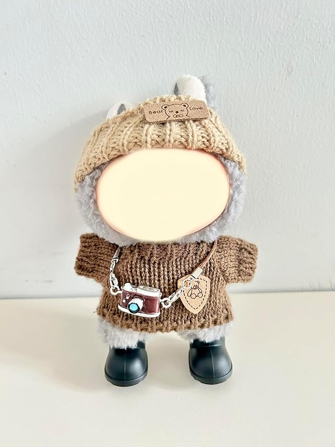 3 PCS Doll Clothes for labubu,17cm Dolls Outfit Accessories,for la-bubu Dolls/for la-bubu Outfit,Brown Sweater+ Small Camera+White Headband It's a Gift for labubu Enthusiasts and Collectors (No Doll)