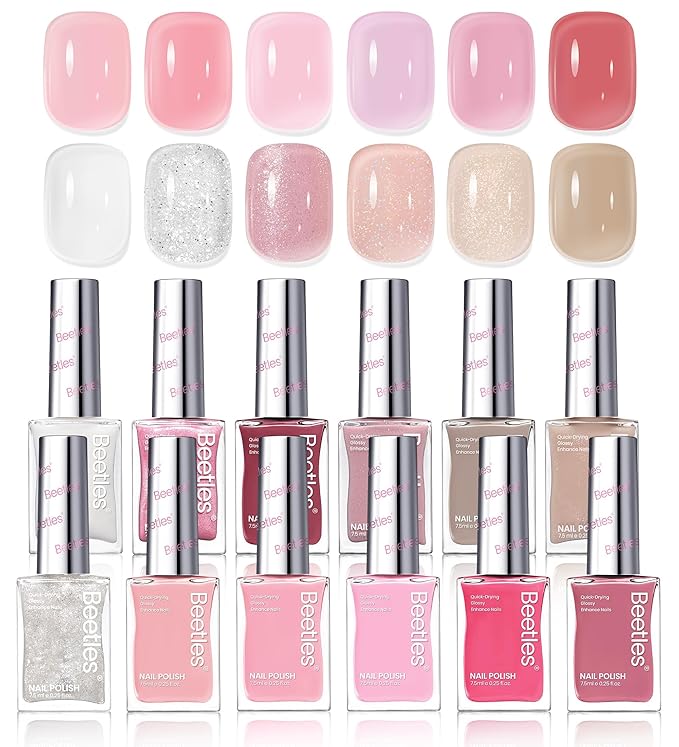 Beetles Nail Polish Set - 12 Colors Jelly Pink Quick Dry Nail Polish Glitter Air Dry Serenely Chic Fingernail Polish DIY Spring Nails Art Set Home