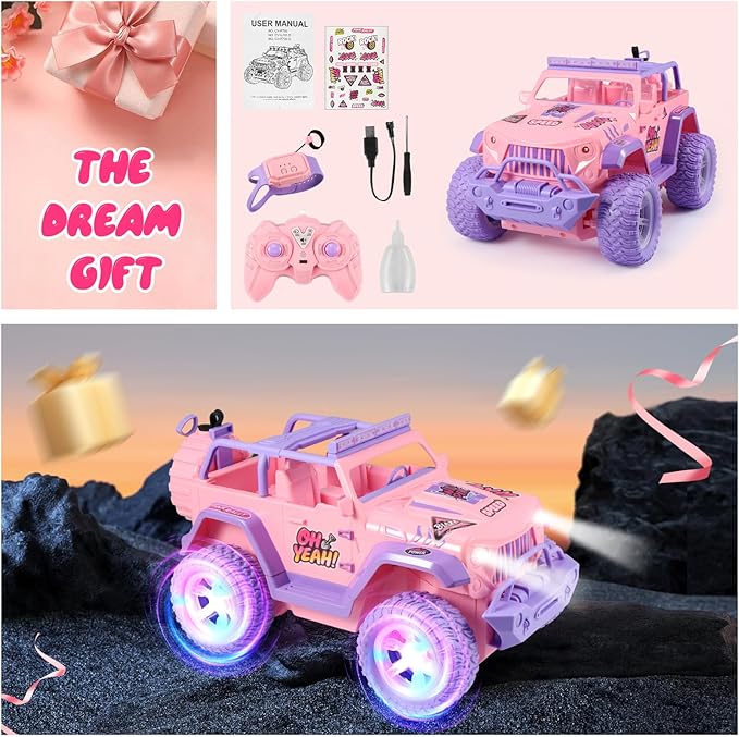 EOQIFJM Remote Control Car for Fog Mist & Music,1:16 RC Cars for Kids with DIY Sticker & Colorful Lights,2.4GHz All Terrain SUV Cars Toys Gifts,Pink,Dual Control