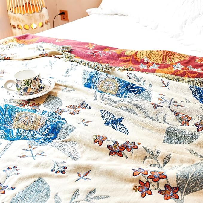VANJOROY Boho Throw Blanket, 100% Organic Cotton Breathable Ultra Soft Bed Quilt Throw - All Season Floral Bird Butterfly Farmhouse Decor Blanket for Sofa Couch Chair and Gift. 80" x 90"