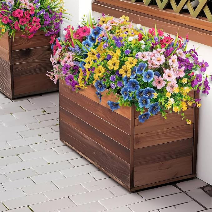 Ouddy Decor 24 Pcs Mixed Artificial Flowers for Outdoors Home Decorations | Fake silk flowers, plastic plants, faux lavender, UV resistant for garden patio window box office table kitchen home decor