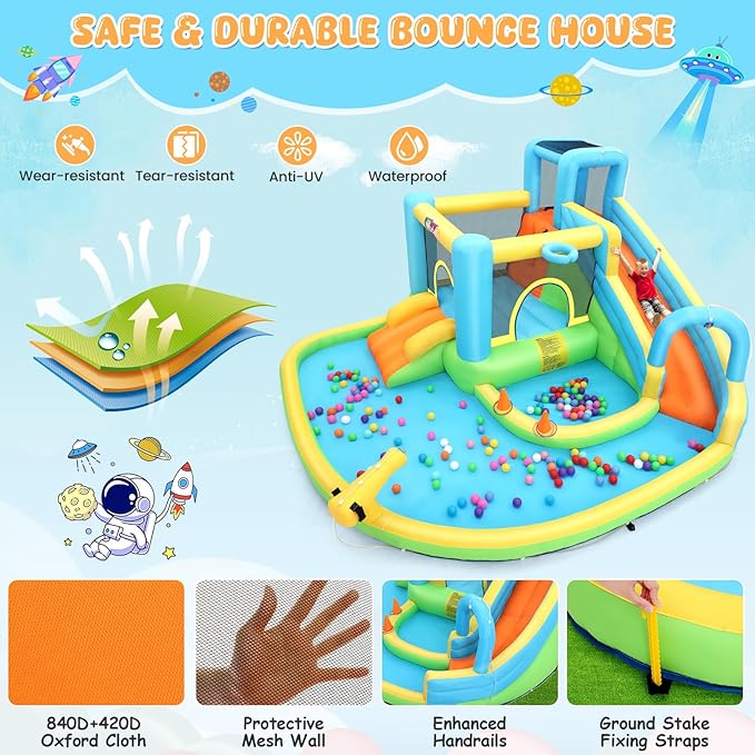 12.8x12FT Water Slide Bounce House for Kids, 12-in-1 Inflatable Water Park with Catch Ball Set/Toss Rings/Water Soaker Balls/Water Gun/Basketball/Splash Pool/Water Cannon/Climbing Wall/Basketball Hoop