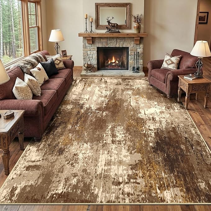 RELEANY Washable Area Rugs 6'x9' Non-Slip Modern Abstract Soft for Living Room Entryway Bedroom Kitchen, Print Pattern, Brown Tan Beige Coffee