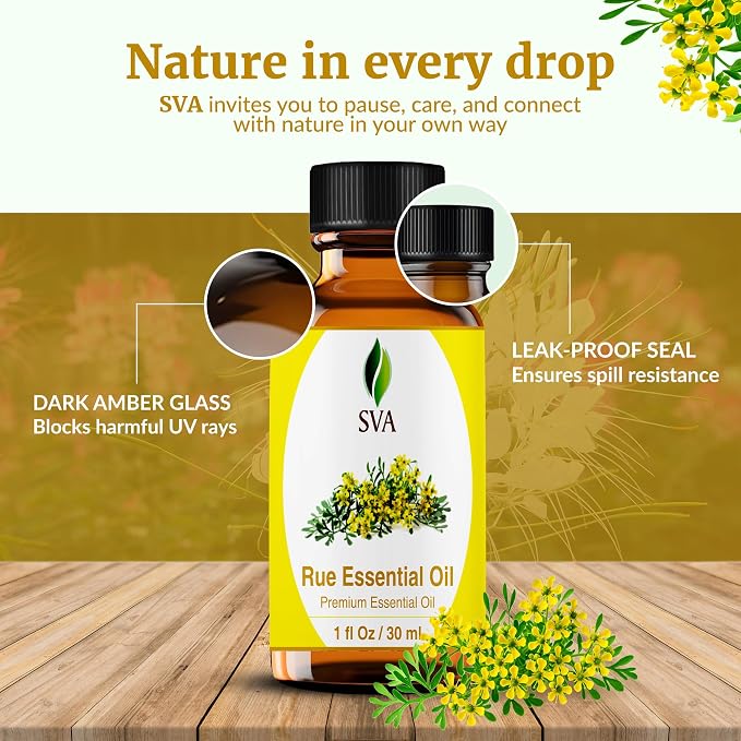 SVA Rue Essential Oil 1 Fl Oz – for Diffuser, Skin & Hair Care – Ideal for Massage & DIY Blends - with Dropper
