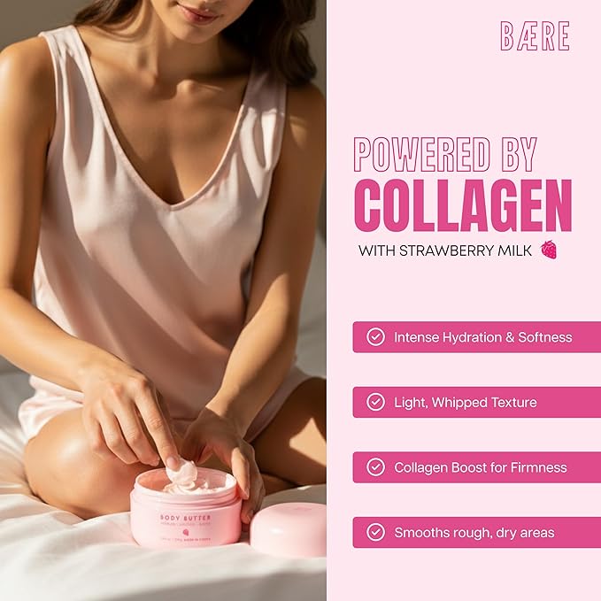 Collagen Body Butter with Strawberry Milk – Dermatologist Tested, Anti Aging Korean Skin Care – Deep Moisture For Soft Dewy Skin & Smooth Texture – Vegan Clean Beauty Body Moisturizer – 7 Fl Oz
