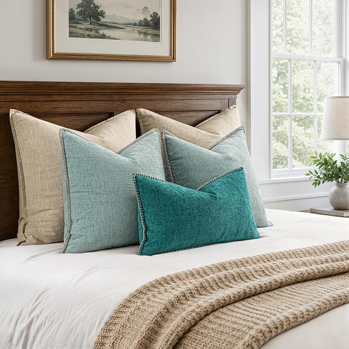 MIULEE Decorative Couch Throw Pillow Covers 20x20 Inch Coastal Light Blue | 2 Pack, Farmhouse Pillow Covers with Stitched Edge, Soft Chenille Cushion Cases, for Sofa Bed Living Room Home Decor