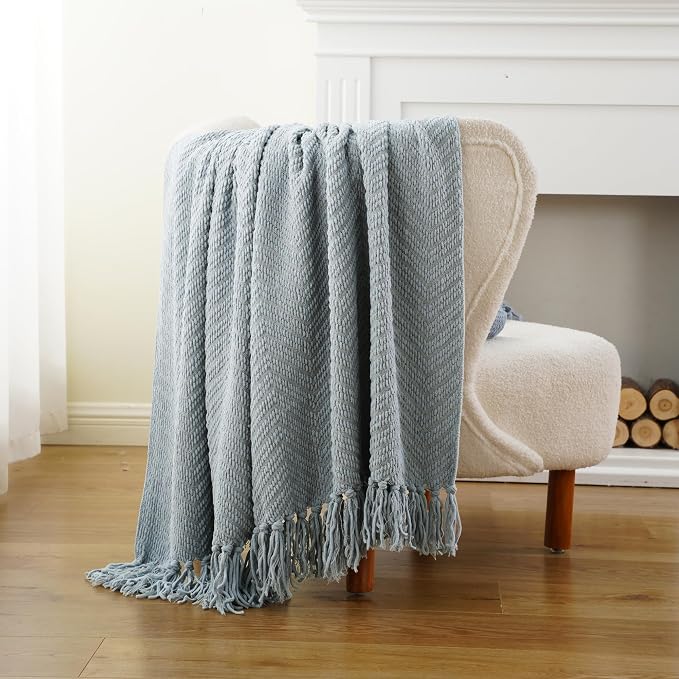 BATTILO HOME Blue Grey Throw Blanket for Couch, Knit Throw Blanket, 50"x60" | Super Soft Dusty Blue Throw Blanket with Tassels, Knit Blanket for Bed,Sofa and Living Room