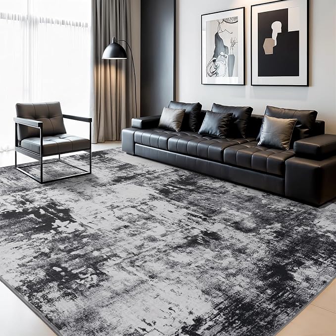 Rugflix 6x9 Area Rugs for Living Room, Washable Black Grey Dark Large Rug | Machine Washable; Stain-Resistant; Low Pile; Non-Slip; Modern Abstract; Carpet for Bedroom Dining Office Nursery Home