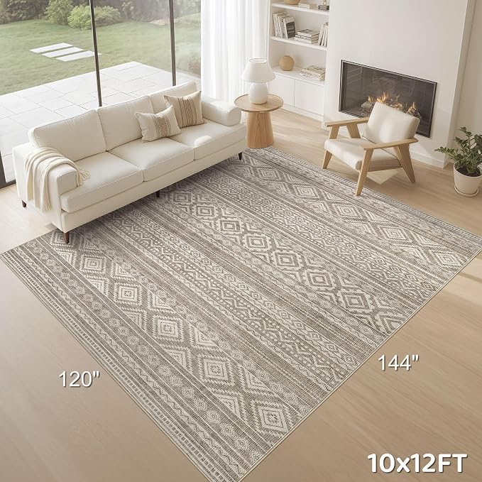 cotiled 10x12 Area Rugs Living Room Rug: Washable Boho Rugs with Non Slip Backing Large Soft Indoor Stain Resistant Carpet for Bedroom Farmhouse Dining Room Lightweight Home Decor Coffee Brown