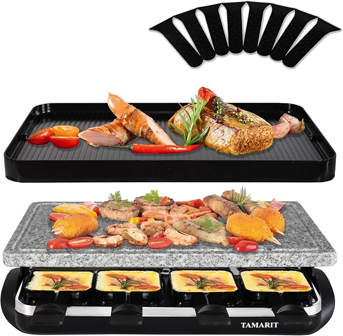 TAMARIT Raclette Grill with Extra Stone Plate, Indoor Electric Table Grill | Dual grill: reversible cast Aluminum plate and granite stone plate, 8 nonstick cheese trays, 1500W, for family parties