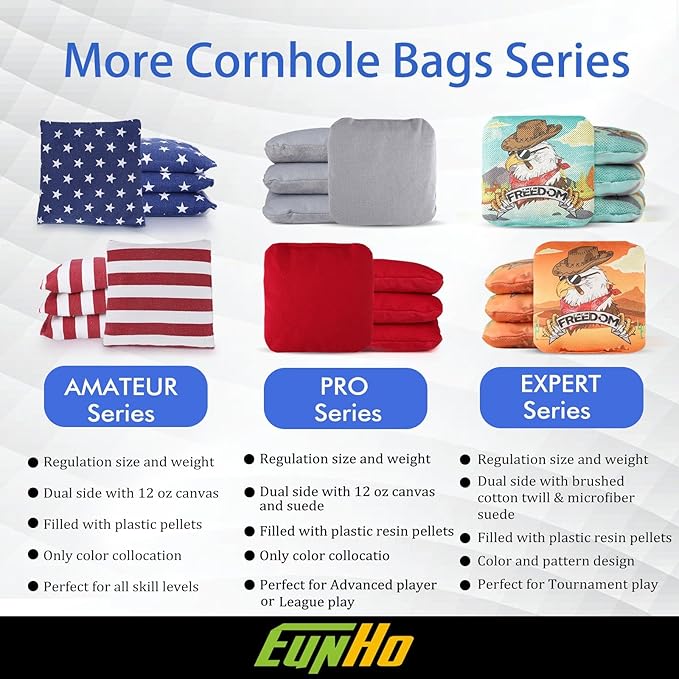 EunHo Regulation Cornhole Bags Set of 8 - Dual Sided Slick and Stick Cornhole Bean Bags for Tossing Game Professional All Weather Pro Corn Hole Bags with Tote Bag