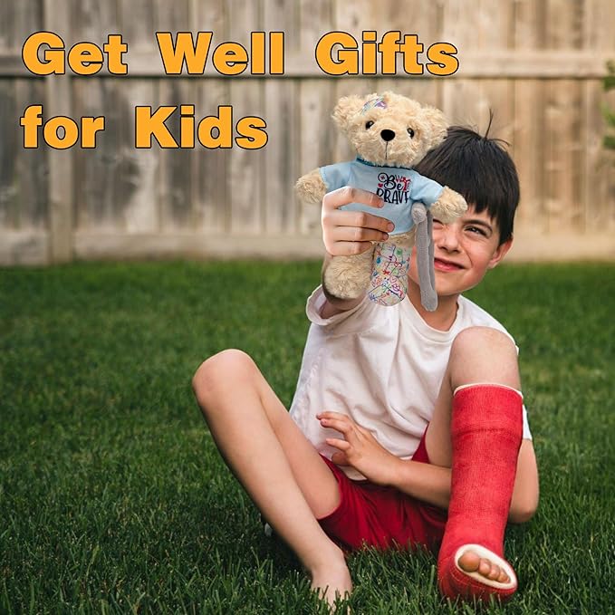 1PC Get Well Soon Broken Leg Teddy Bear - 11" Teddy Stuffed Animal with Switchable Magic Tape Cast & Crutch, Hospital Surgery Recovery Gift for Kids/Toddlers, Be Brave Pre-Printed Doodle Plush
