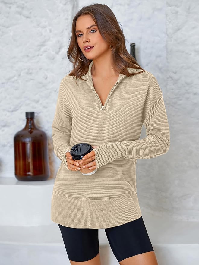 PRETTYGARDEN Womens Long Sleeve Quarter Zip Pullover Sweater Casual Loose V Neck Collared Ribbed Knit Jumper Tops Thumb Hole