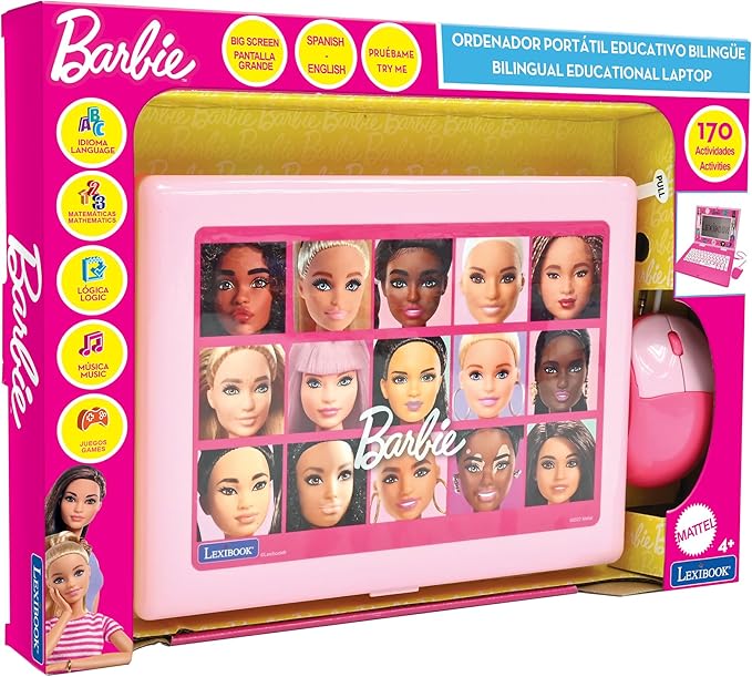Lexibook, Barbie, Bilingual and Educational Laptop Spanish/English, Toy for Children, 170 Activities to Learn, Play Games and Music, Large Screen, Pink, JC599BBi2