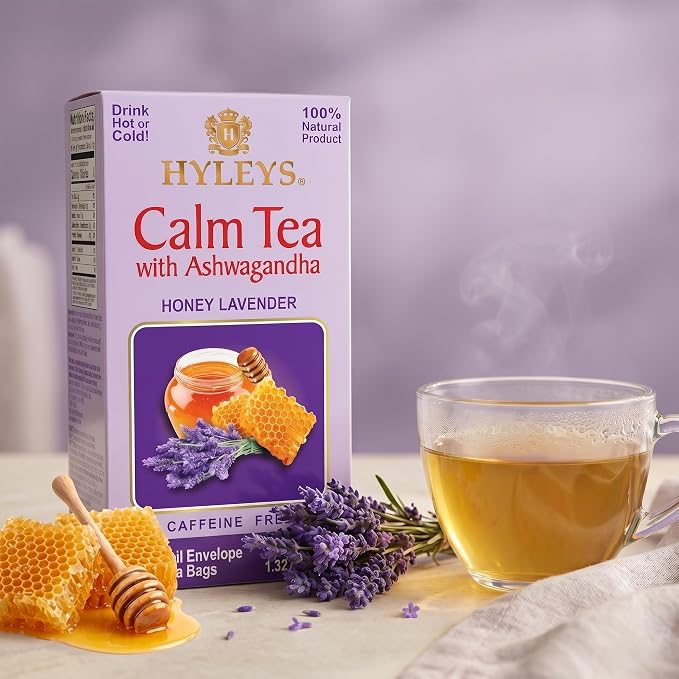 HYLEYS Calm Tea with Ashwagandha, Lavender and Honey, 150 Individually Wrapped Tea Bags (6 Pack of 25) - Caffeine Free Sleep Tea - Gluten Free Vegan & Plant Based