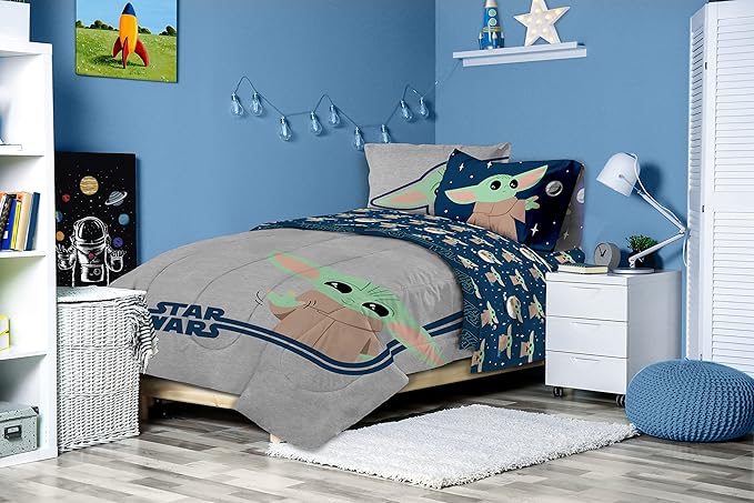 Jay Franco Star Wars The Mandalorian Hello Grogu 5 Piece Twin Size Bed Set - Includes Comforter & Sheet Set - Super Soft Kids Bedding Fade Resistant Microfiber (Official Star Wars Product)