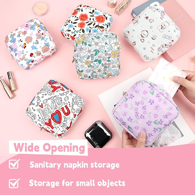 Sanitary Pad Storage Bag Portable Period Bag for Teen Pads/Sanitary Napkins/Small Tampons, Sanitary Napkin Storage Bag First Period Gifts for Teen Girls (Purple Flower Bowknot)