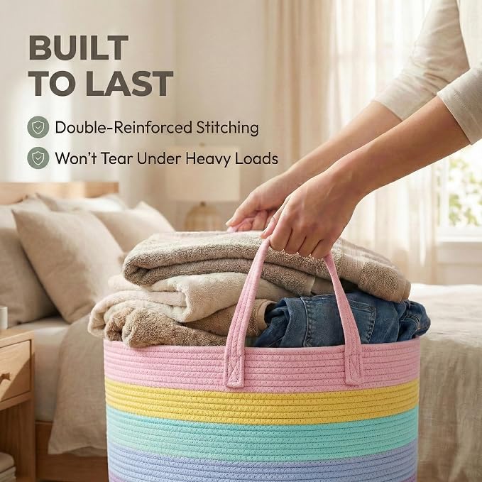 JMvicyroam 65L Extra Large Machine Washable Cotton Rope Blanket Basket | Collapsible laundry hamper, Reinforced handles, For blankets, pillows, toys and clothes, Living room and bedroom, Rainbow