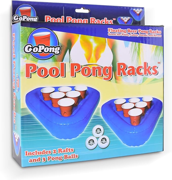 GoPong Pool Pong Rack Floating Beer Pong Set, Includes 2 Rafts and 3 Pong Balls