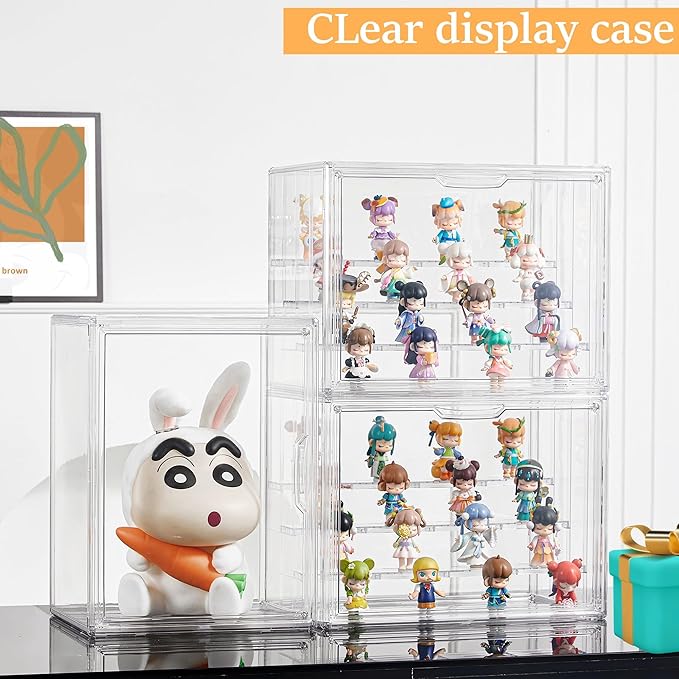 Attelite Acrylic Display Case,Upgrade 4 Tiers Clear Display Case with 3 Adjustable Divider, 2 Pack Stackable Large Storage Box with Magnetic Door for Collectibles Action Figures