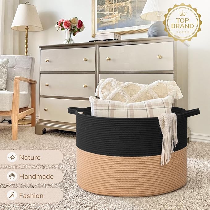 INDRESSME 115L Extra Large Woven Rope Blanket Basket Living Room BlackCamel | 23.6" x 15.7" Storage baskets for toys laundry & pillows. Fits living room, bedroom or nursery décor. Soft-touch with handles