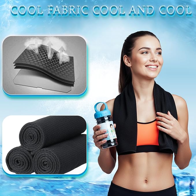 Honoson 20 Pcs Cooling Towels for Neck and Face, 47"x12" Sports Breathable Ice Towels Microfiber Chilly Sweat Rags with Portable Bottle for Gym Golf Athletes Yoga Workout Hot Weather (Black)