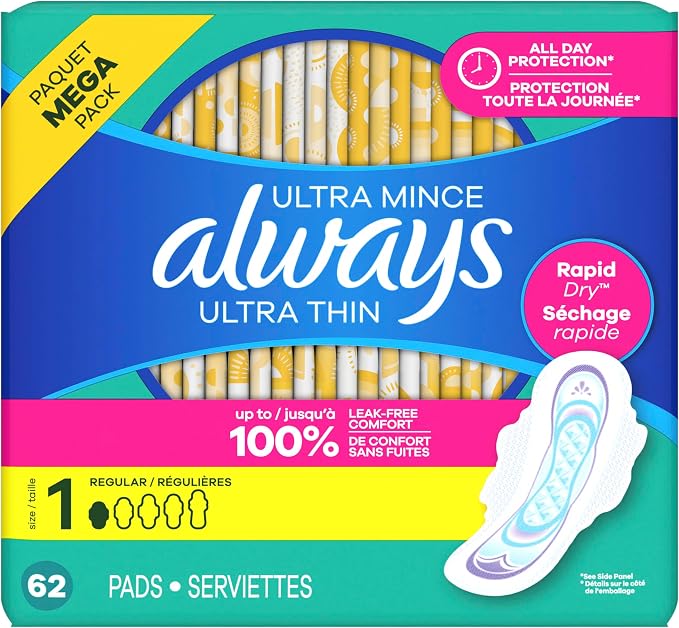 Always Ultra Thin Feminine Pads with Wings for Women, Size 1, Regular Absorbency, Unscented, Up to 100% Leak-Free Protection, 62 Count