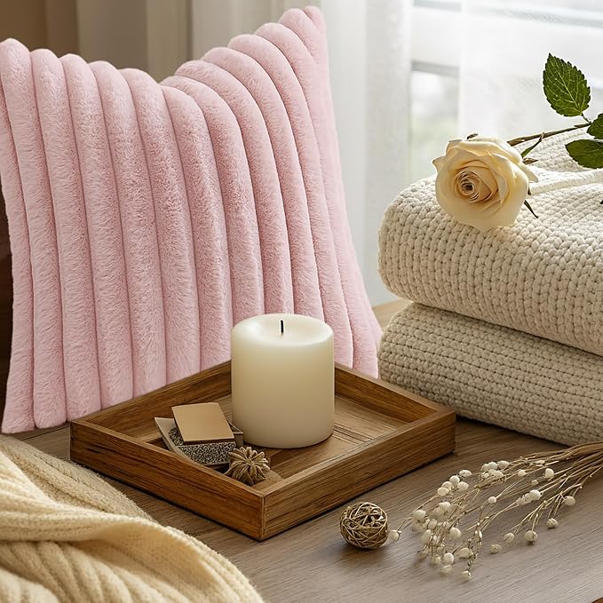 decorUhome Fall Faux Fur Throw Pillow Covers 20x20 Set of 2 Pink | Decorative Soft Cozy Striped Plush Modern Farmhouse Boho Couch Pillow Cases Velvet Back for Sofa Bed Living Room Home Decor