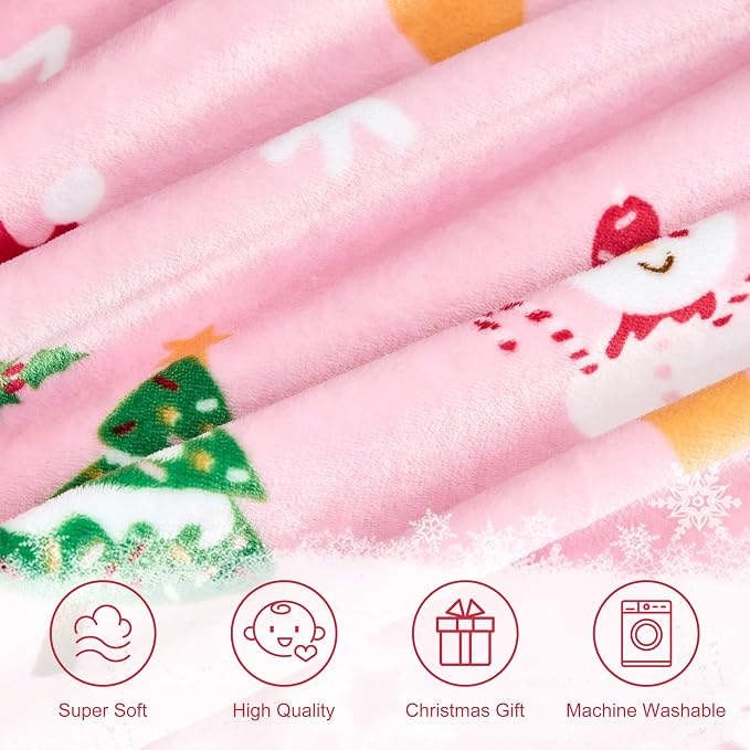 Edenleaf Christmas Blanket Soft Cozy Pink Throws with Snowman Snowflake Santa Claus and Xmas Trees Print, Fuzzy Warm Christmas Throw Blanket for Couch Bed Holiday Decorations Gifts 60"x80" (Pink)
