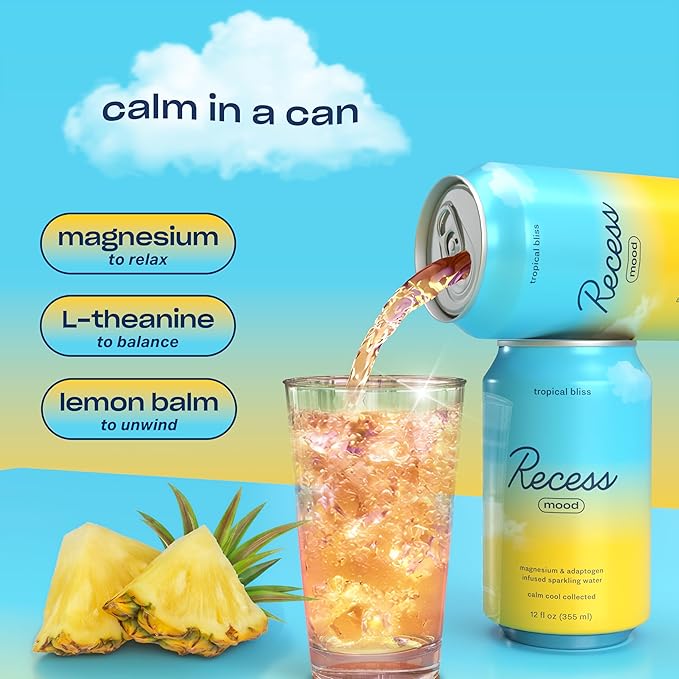 Recess Mood Magnesium & Adaptogen Drink, Relaxation Beverage, 12 Ounce (Paradise Sampler Variety Pack, 12 Pack)