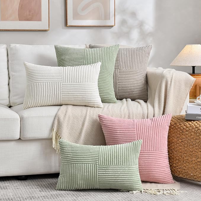 Fancy Homi 2 Packs Tan Lumbar Decorative Throw Pillow Covers 16x32 Inch for Living Room Couch Bed Sofa, Boho Home Decor, Soft Striped Corduroy Rectangle Accent Beige Cushion Case 40x80 cm