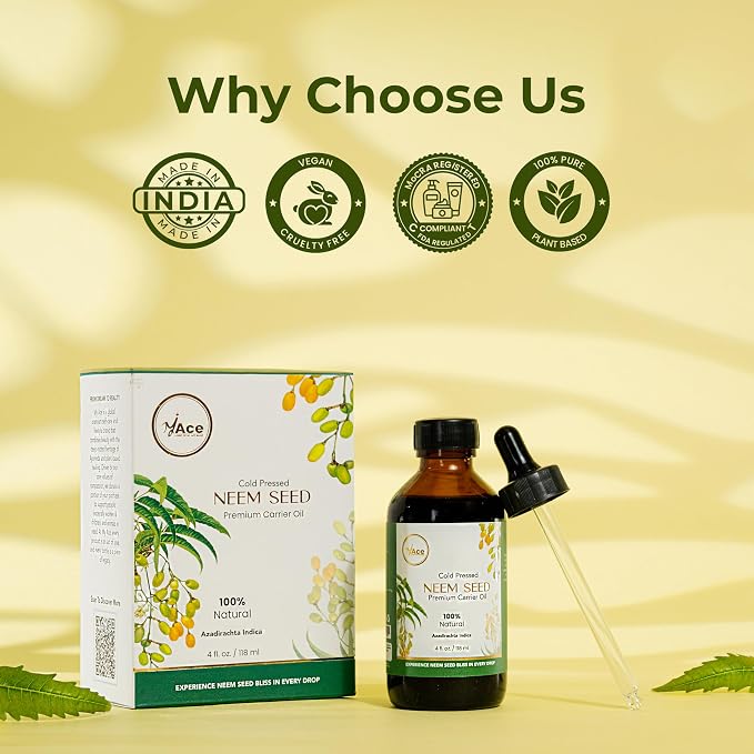 My Ace Neem Seed Carrier Oil 4 Fl Oz - 100% Pure & Natural - Premium Grade, Cold Pressed Unrefined for Skin & Face Care, Hair Growth, Facial, Body Massage, Scalp Treatment, Stretch Marks, Aromatherapy