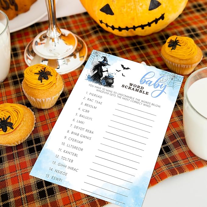 Hilarious Baby Shower Games, 25 Sets Halloween Baby Word Scramble + Answer Card, Blue Witch Gender Reveal Game Cards for Party Announcement Supplies - B09